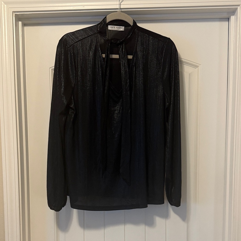 Elegant Metallic Black Tie-Neck Blouse